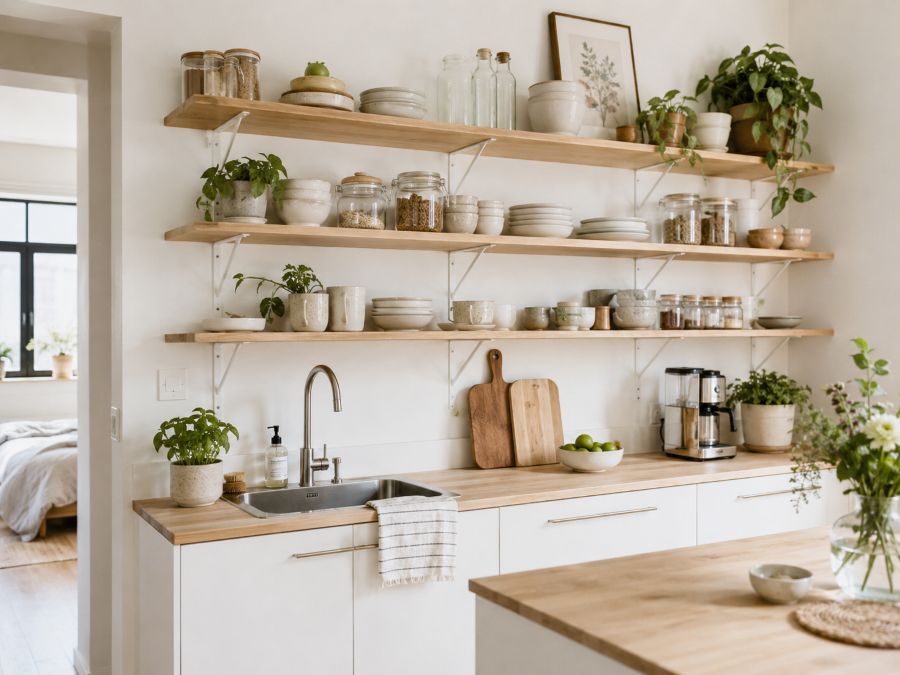 Wall-mounted open shelving with organized plates, bowls, and kitchen accessories in a small apartment kitchen