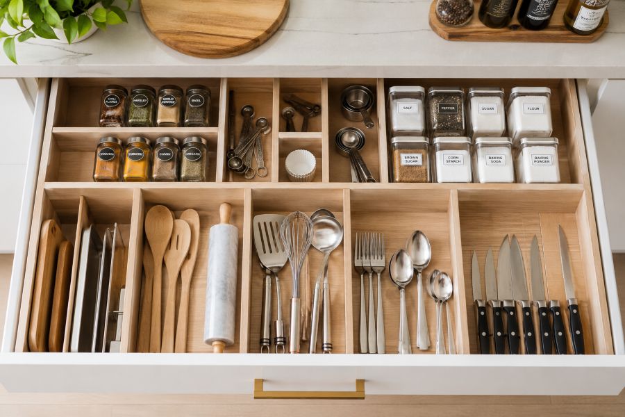Organized kitchen drawers with dividers and vertical storage systems, showing utensils, spices, and cooking tools neatly arranged