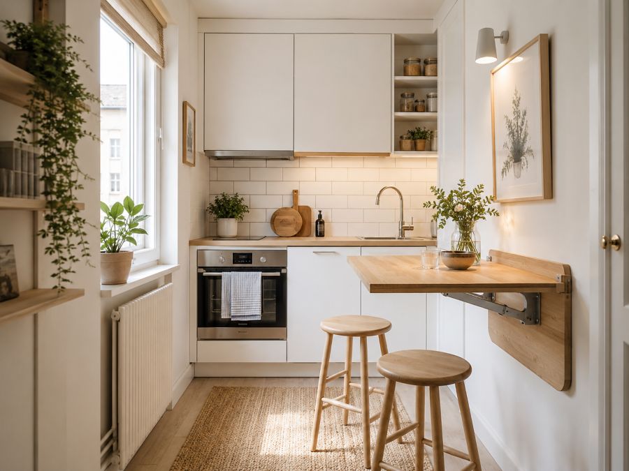 Compact kitchen with wall-mounted folding table and comfortable bar seating with natural lighting and minimalist design