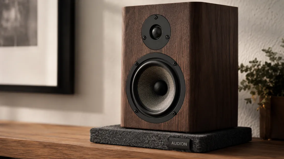 Small speaker placed on a felt isolation pad to reduce vibration through furniture