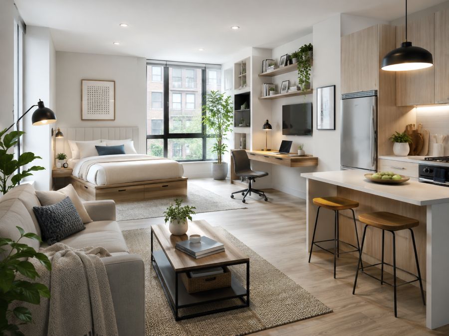 Well-organized studio apartment with distinct zones and multifunctional furniture