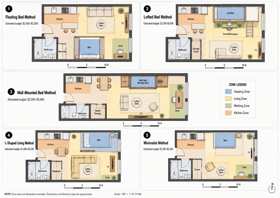 Five different studio apartment floor plan layouts shown from above