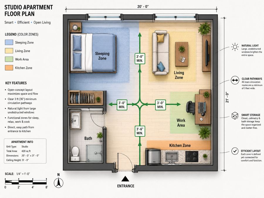 Studio apartment layout showing clear traffic flow pathways and furniture arrangement
