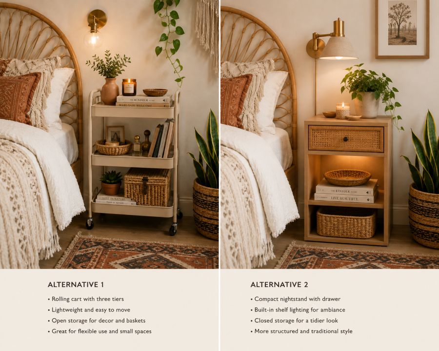 Comparison of two styled bedside alternatives in tiny bedrooms