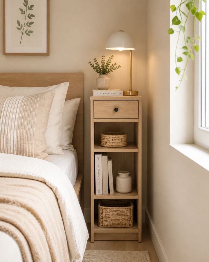 Tall narrow nightstand next to a small bed in compact bedroom