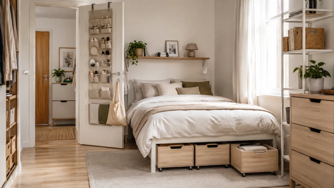 Under-bed storage boxes on castors and door-back organizers capturing forgotten space