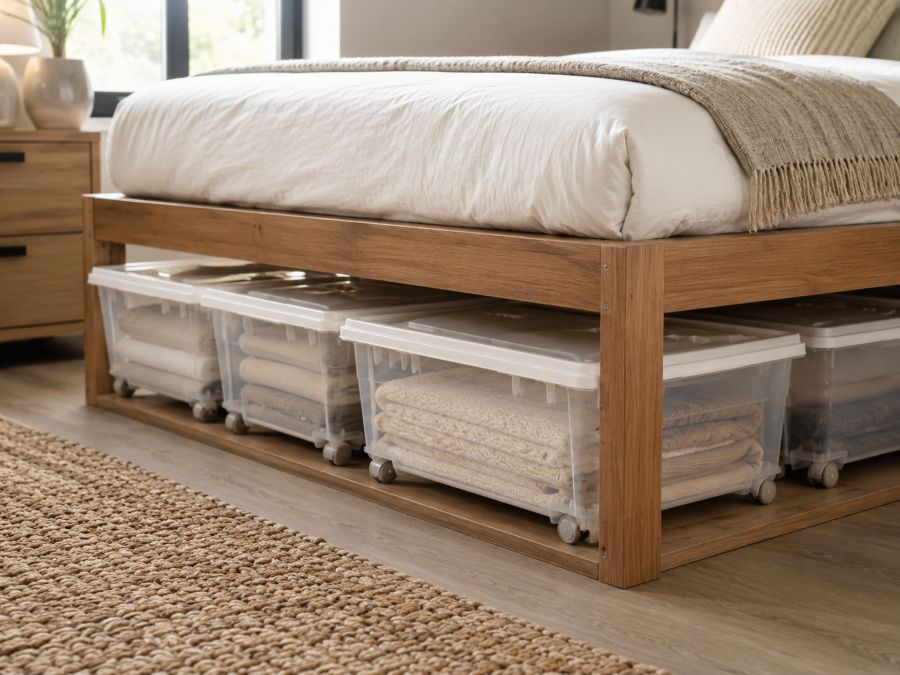 Flat plastic storage containers with wheels stacked neatly under a low-profile bed frame, showing various sizes and clear visibility of contents