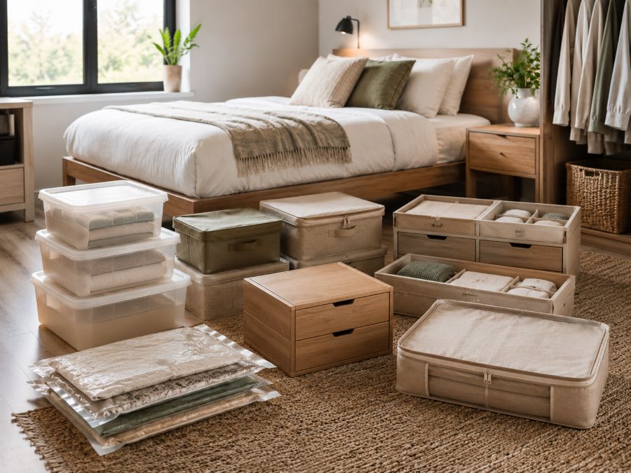 Various storage solutions arranged under a bed including clear plastic bins, wooden rolling drawers, and vacuum-sealed bags showing organizational variety