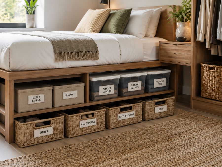 Well-organized under-bed storage with labeled containers, clear inventory labels visible, color-coded organization system, and proper spacing between bins