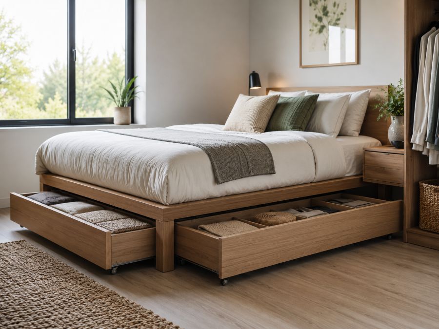 High under-bed storage solution in a platform bed style with integrated rolling drawers and modern minimalist bedroom aesthetic