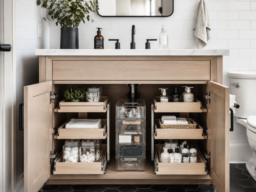 Organized under-sink bathroom storage with pull-out organizers