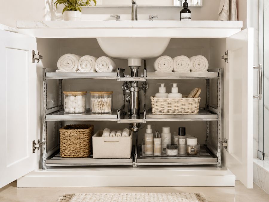 Adjustable shelves and tiered organizers under bathroom sink