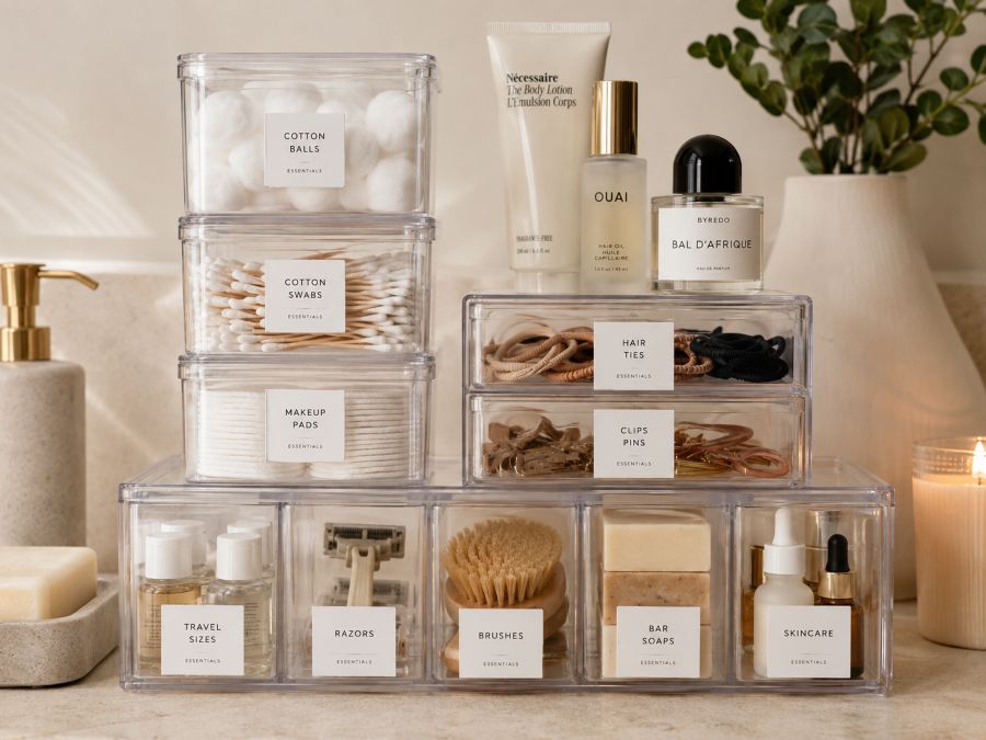 Clear stackable containers and drawer dividers in organized bathroom cabinet