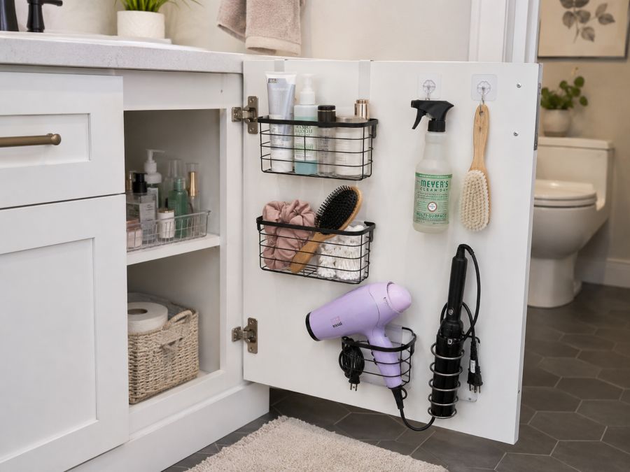 Cabinet door organizers maximizing bathroom storage space