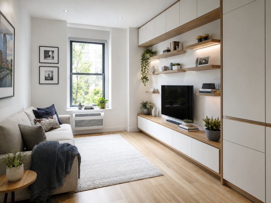 Vertical wall storage solutions in a tiny apartment living room