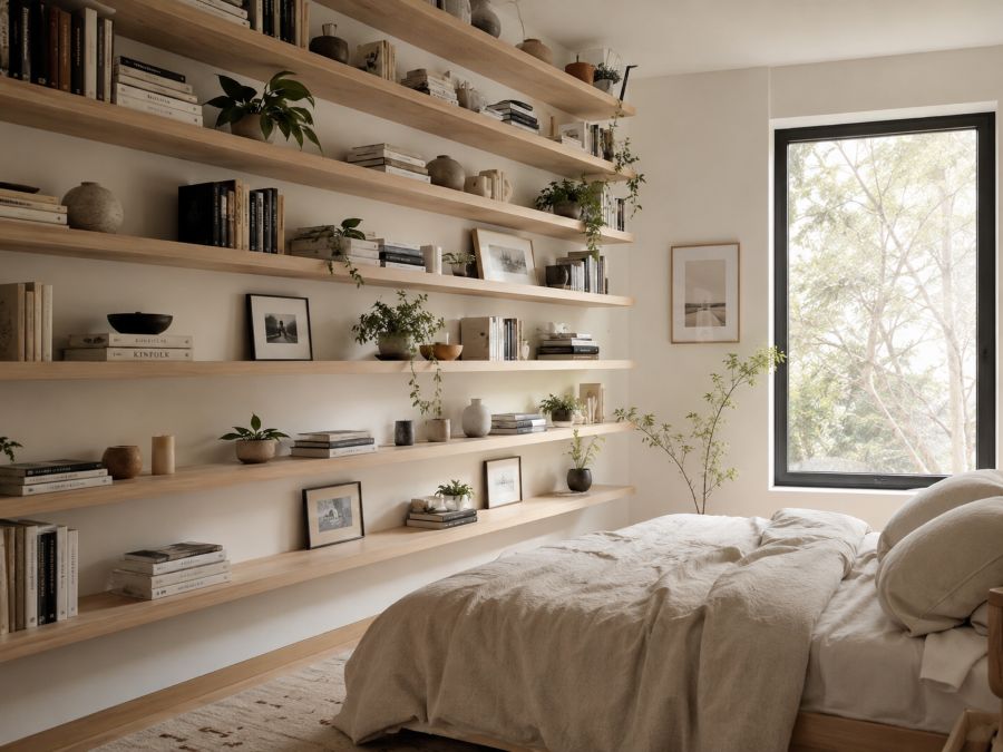 Floor-to-ceiling floating shelves with books and decorative items in small bedroom