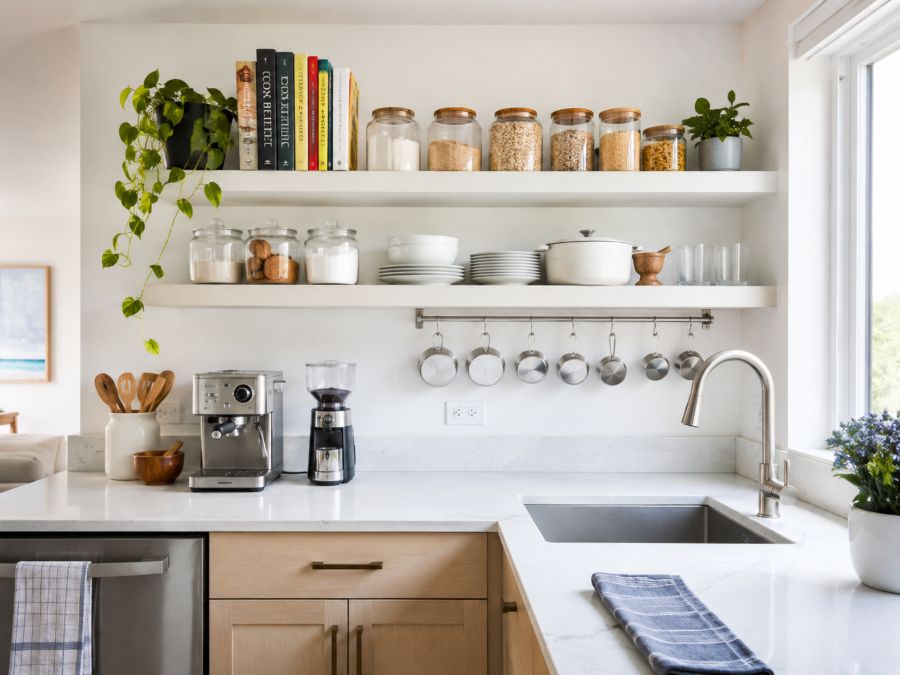 White floating shelves displaying books, plants, and decorative items in small apartment kitchen