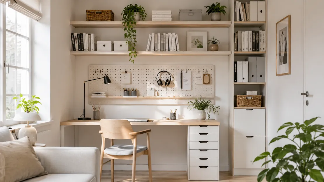 Vertical wall storage with floating shelves and a pegboard organizing a compact workspace