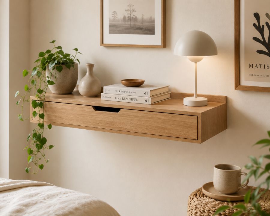 Wall-mounted wooden shelf with integrated drawer in small bedroom