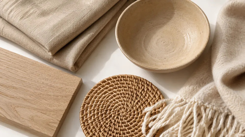 Flat lay of warm minimalist textures including linen, oak wood, handmade ceramic, rattan, and cream wool