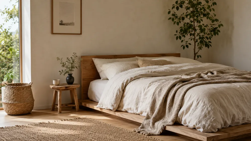 Warm minimalist bedroom with low wooden platform bed, cream linen bedding, woven basket, and a plant in morning light