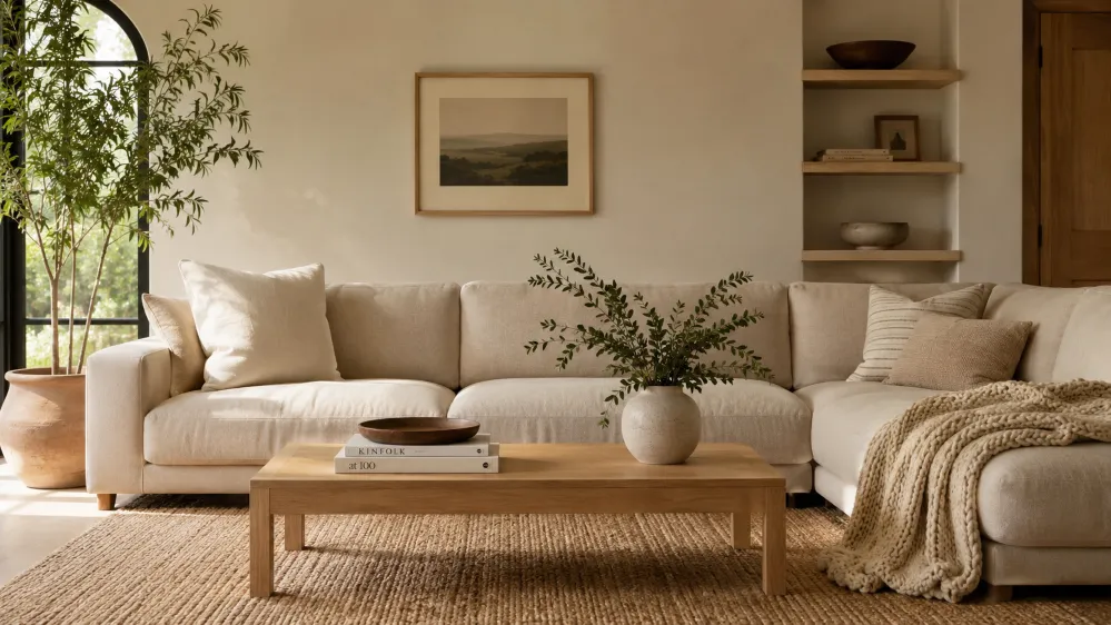 Warm minimalist living room with creamy walls, oatmeal linen sofa, light oak table, and a leafy plant in soft daylight