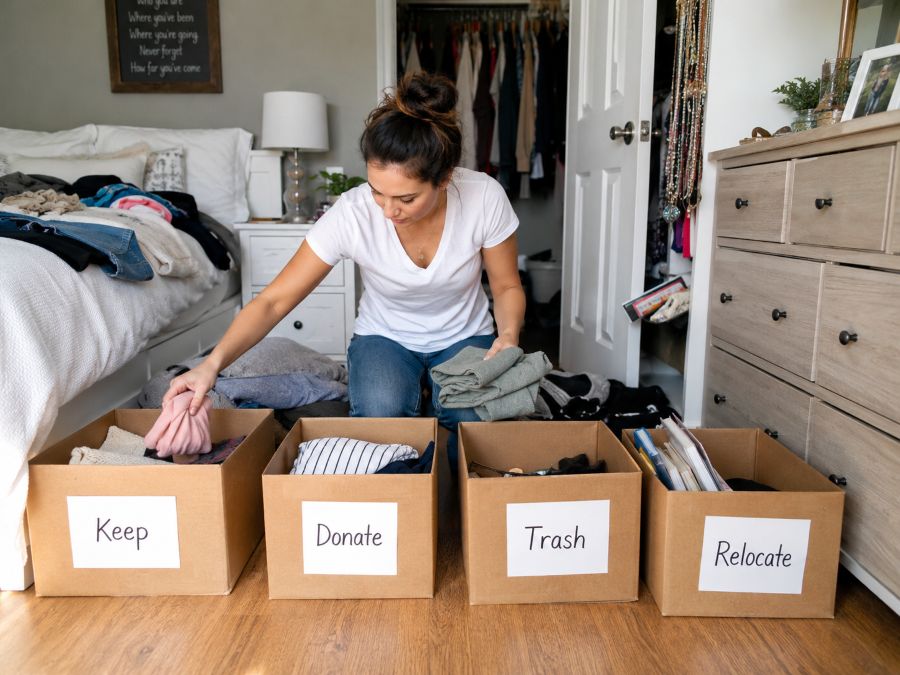 Four-box decluttering method in action in a small bedroom