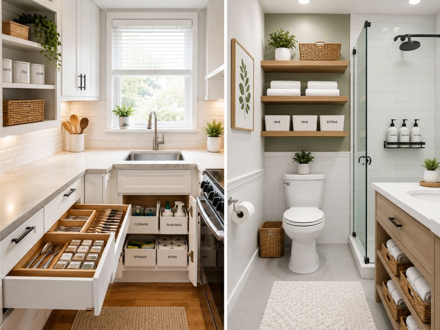 Well-organized small kitchen and bathroom after decluttering