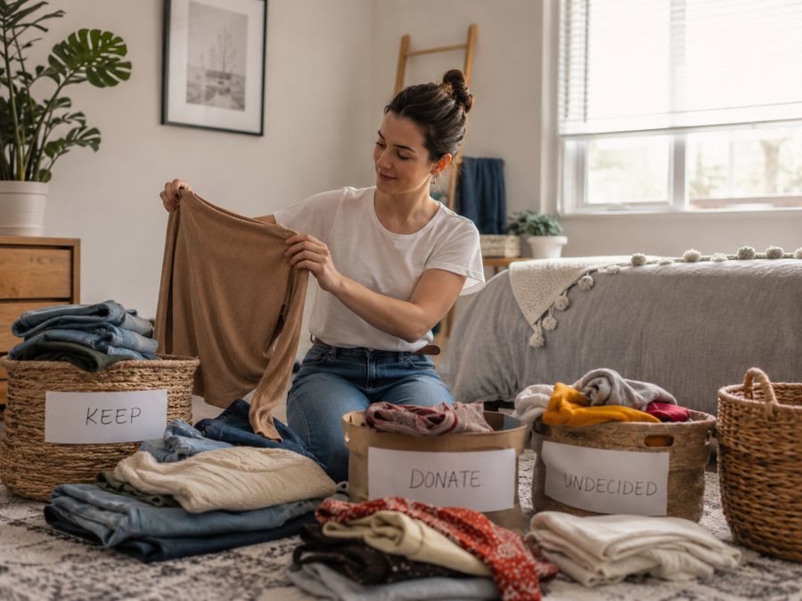 Person sorting clothing and items during weekend decluttering session